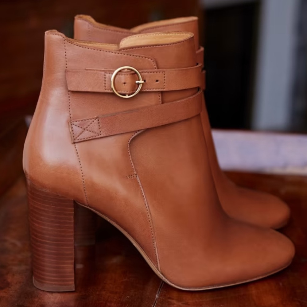 Sezane High Jonas Natural Heritage Bovine Leather Cognac Heeled Buckle Booties